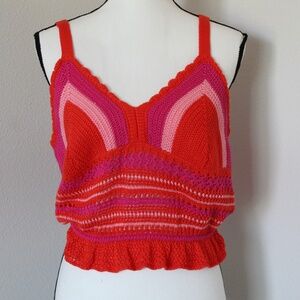 Vibrant Red/Orange, Pink, and Magenta Open Weave Knit Ruffle Hem Tank Top